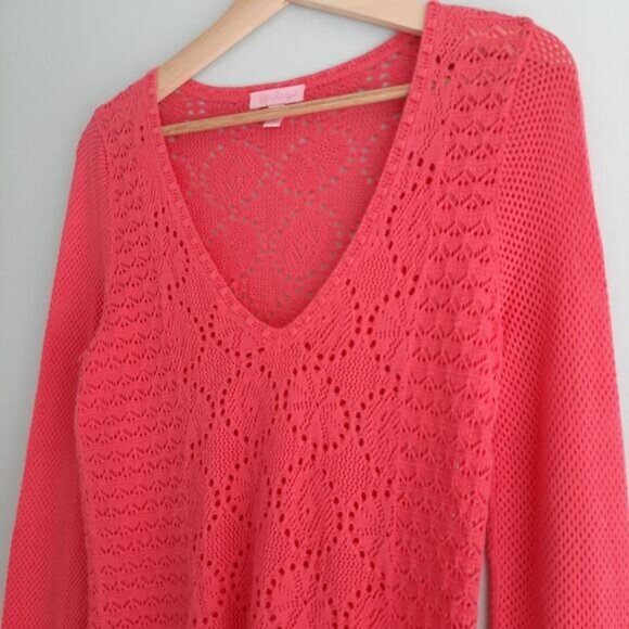 LILLY PULITZER / Pom-Pom Trim V-Neck Knit / Crochet Tunic Top Bright Pink Sz M - Picture 8 of 16